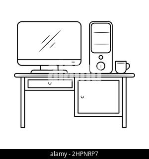 Desktop-Computer auf dem Tisch mit handgezeichneter Doodle-Illustration Stock Vektor