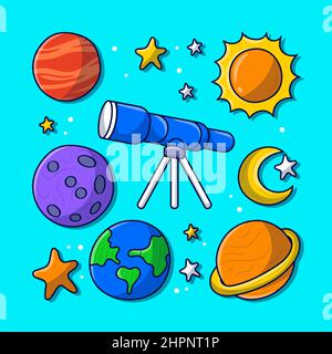 Planet und Fernglas mit handgezeichneter Doodle-Illustration Stock Vektor