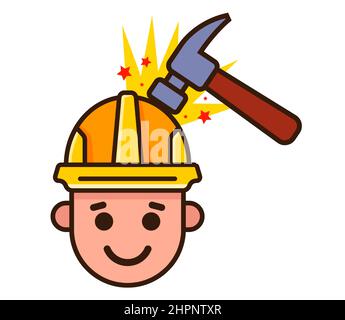 Der Baumeister steigt mit einem Hammer auf den Helm. Ein Unfall auf einer Baustelle. Flache Vektorgrafik. Stock Vektor