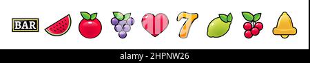 Spielautomat Casino Obst Symbol Design. Slot Maschine Symbol Vektor Symbol gesetzt Stock Vektor