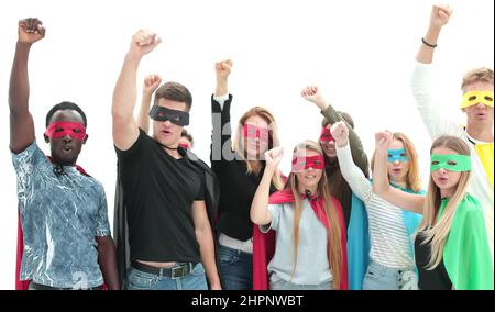 Nahaufnahme. Eine Vielzahl von jungen Menschen in Capes Superhelden stehen zusammen. Foto mit Kopierraum Stockfoto