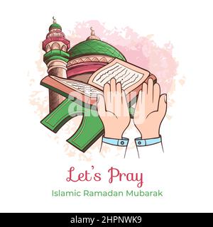 Flaches ramadan-Betillustrat mit Hand, Moschee und dem heiligen Buch des korans Stock Vektor