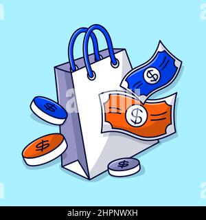 Einkaufstasche mit Geld und Münze handgezeichnete Illustration Stock Vektor