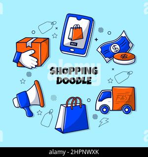Einfaches Online-Shopping-Element-Set im handgezeichneten Doodle-Stil Stock Vektor