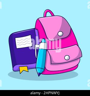 Schultasche mit Bleistift und Buch, pädagogische handgezeichnete Illustration Stock Vektor