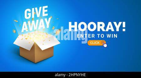 Werbegeschenk Quiz Ankündigung Konzept Banner Poster. Geschenkbox Preisbonus offene Schachtel Stock Vektor