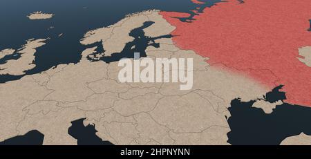 Ukraine-Russland-Krise. 3D Rendering Illustration Karte von Europa und Russland in Rot. Geopolitisches Konzept. Stockfoto