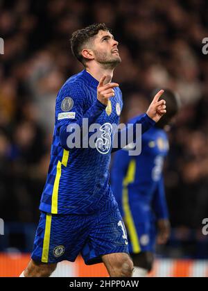 London, Großbritannien. 22nd. Februar 2022. 22. Februar 2022 - Chelsea gegen Lille - Stamford Bridge - Champions League Christian Pulisic von Chelsea feiert sein Tor während des Champions-League-Spiels gegen Lille. Bildnachweis: Kredit: Mark Pain/Alamy Live Nachrichten Stockfoto