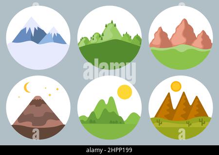 Berge setzen Wüste, Vulkan, schneebedeckte Gipfel, Wald, Felsen in Kreisen. Aufkleber, Banner, Vorlagen. Objekte von Hügel, Sonne oder Mond, Sternen und Bäumen. Bilder von der Natur. Abstraktes Design für Banner. Vektor Stock Vektor