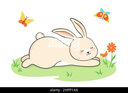 Kaninchen liegt im Sommer-Plakat aus Lichtung. Bunny kindischen Charakter, schlafen lustig Hasen Maskottchen Jahr. Hallo Frühling oder Sommer Rest Postkarte, Outdoor ländlichen flachen Cartoon-Vektor-Illustration Stock Vektor