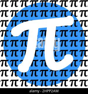 Weißes Pi-Zeichen im blauen Kreis mit kleineren schwarzen pi-Symbolen auf der ganzen grafischen Typografie für den Pi Day, ein schrulliger Feiertag am 14. März, da pi 3,14 entspricht Stockfoto