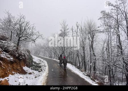 Srinagar, Indien. 22nd. Februar 2022. Während eines Neuschneepfalls am Stadtrand von Srinagar wandern die Bewohner durch eine schneebedeckte Straße. Der obere Teil des Kaschmir-Tals erhielt Schneefall, selbst als die Ebenen von Regenfällen überfallen wurden. Der Wettermann prognostizierte in den nächsten 24 Stunden weit verbreitete leichte bis mäßige Regenfälle sowie Schnee über Jammu und Kaschmir. Kredit: SOPA Images Limited/Alamy Live Nachrichten Stockfoto