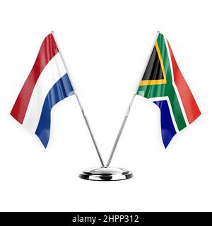 Zwei Tischfahnen isoliert auf weißem Hintergrund 3D Illustration, niederlande und Südafrika Stockfoto
