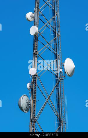 Nahaufnahme eines Gitterzellenturms mit Mikrowellenantennen, vertikal - Davie, Florida, USA Stockfoto