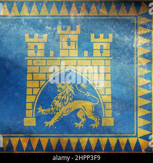 Draufsicht der Flagge Lviv, Ukraine. Ukrainisches Reise- und Patriot-Konzept. Kein Fahnenmast. Ebenenlayout, Design. Hintergrund markieren Stockfoto