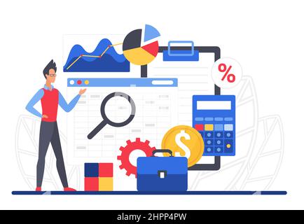 Analyse der Fachexperten für Finanzbuchhaltung und Audit. Analyse und Berichterstellung des Transaktionssystems für wirtschaftliche Daten Stock Vektor