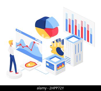 Big-Data-Visualisierungsprozess, bei dem Informationen angezeigt werden. Analysen, die in Diagrammen und visuellen Diagrammen dargestellt werden Stock Vektor