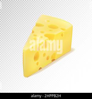 Dreieckiges Stück Käse, Käse-Symbol 3D, Käse realistische Lebensmittel, Vektor-Abbildung auf transparentem Hintergrund Stock Vektor