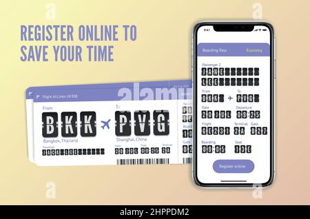 Mobile Bordkarte Konzept. Vorlage für Anzeigen von Online-Tickets. Elektronische Flugkarte für die Online-Registrierung. Stock Vektor