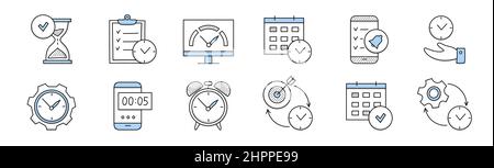 Zeitmanagement Doodle-Symbole Sanduhr mit Tick, To-do-Liste, Kalenderraster, App-Benachrichtigung am Telefon, Hand mit Uhr, Wecker, Getriebe und Ziel mit Pfeilzeichen Linienkunst Vektor-Illustration, Set Stock Vektor