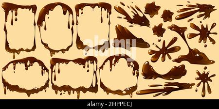 Schmelzschokolade tropft, Rahmen, Spritzer und Sport isoliert Set. Geschmolzenes Tropfen aus dunkler oder milchfarbener Choco-Sauce, braune Rahm- oder Sirup-Ränder, flüssige Kakaonahrungselemente, Cartoon-Vektorgrafik Stock Vektor