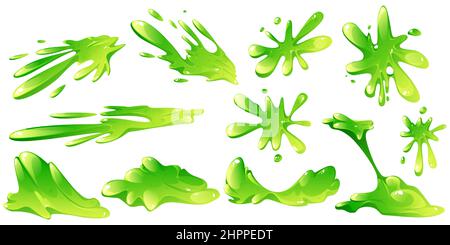 Grüner Schleim isolierter Vektorsatz. Giftige Flüssigkeiten sprühen Flecken, Flecken, Spritzer und Tropfen. Klebrige goo, Gelee oder Sirup Flüssigkeit Splatten, schleimige Schleim oder snot Grafik-Design-Elemente, Cartoon Illustration Stock Vektor