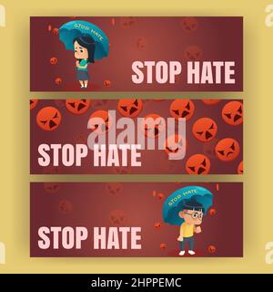 Stoppen Sie Hasszeichentrickfilme, appellieren Sie an die Unterstützung der asiatischen Gemeinschaft während der Pandemie. Karten mit traurigen asiatischen Jungen und Mädchen stehen unter Regen von fallenden wütenden Emoji. Rassismus, Mobbing und Gewalt Vektor-Konzept Stock Vektor