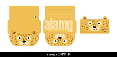 Nette schöne Gepard Brief schreiben Schreibwaren Papier Laser schneiden Karte Vorlage. Tierdesign für Begrüßung, Einladung, Dankeskarten. Vektormaterial Stock Vektor