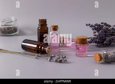 Kosmetikprodukte in verschiedenen Glasflaschen und Lavendelblüten auf grauem Hintergrund. Aromatische Behandlung, Spa-Verfahren. Apothekenkraut Stockfoto