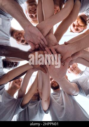 Gruppe von Gleichgesinnten ihre Handflächen schröpfen Stockfoto