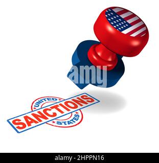 US-Sanktionen und -Zölle oder amerikanische Handelstarif in den USA als Stempel als wirtschaftliches Import- und Exportbarrieren-Konzept. Stockfoto