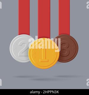 Gold-, Silber- und Bronzemedaillen mit roten Bändern hängen von oben, 3D-gewinnt-Label Stock Vektor