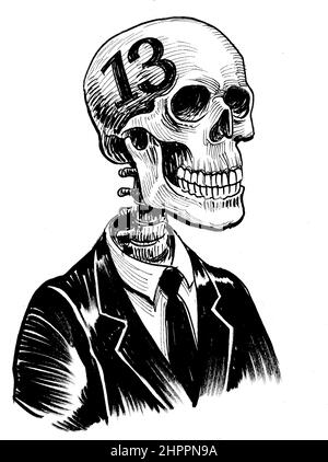 Menschliches Skelett im Anzug mit der Nummer 13 auf dem Schädel. Tinte schwarz-weiß Zeichnung Stockfoto