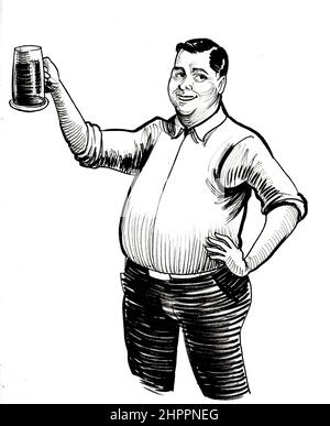 Mann trinkt einen Becher Bier. Tinte schwarz-weiß Zeichnung Stockfoto