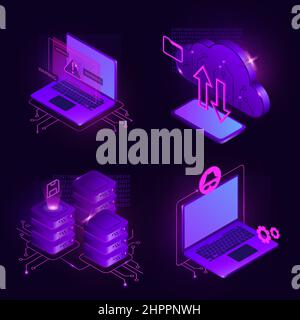 Cybersecurity Isometrische Illustrationen. Cloud-Datenspeicher, Warnkonzept, Computer, Spy. Vektorgrafik Stock Vektor