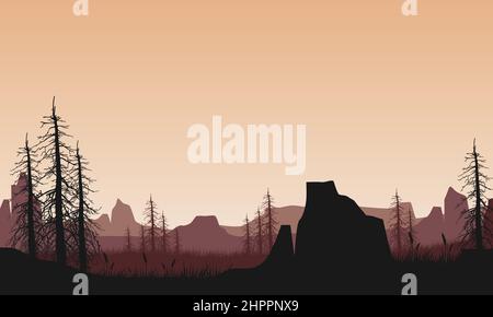 Atemberaubendes Bergpanorama in der Dämmerung mit fantastischer, trockener Baumsilhouette. Vektorgrafik Stock Vektor