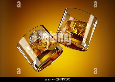 Zwei Whiskey-Gläser mit Eiswürfeln, die in der Luft schweben - 3D Illustration Stockfoto