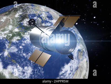 Weltraumteleskop Hubble in der Nähe des Erdplaneten des Sonnensystems im Weltraum mit Streulicht. 3D gerenderte Abbildung. Elemente dieses Bildes waren Fu Stockfoto