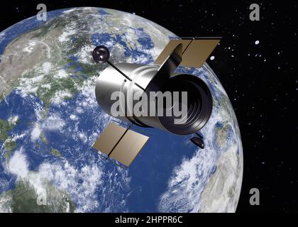 Weltraumteleskop Hubble in der Nähe des Erdplaneten des Sonnensystems im Weltraum. 3D gerenderte Abbildung. Elemente dieses Bildes wurden von der NASA eingerichtet. Stockfoto