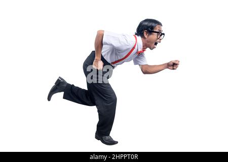 Asiatischer Nerd mit hässlichem Gesicht, isoliert auf weißem Hintergrund Stockfoto