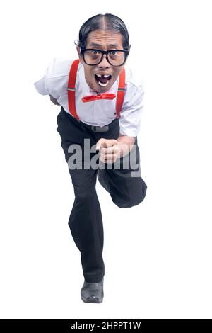 Asiatischer Nerd mit hässlichem Gesicht, isoliert auf weißem Hintergrund Stockfoto