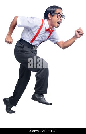 Asiatischer Nerd mit hässlichem Gesicht, isoliert auf weißem Hintergrund Stockfoto