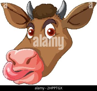Kopf der braunen Kuh ragt aus Zunge Cartoon-Illustration Stock Vektor