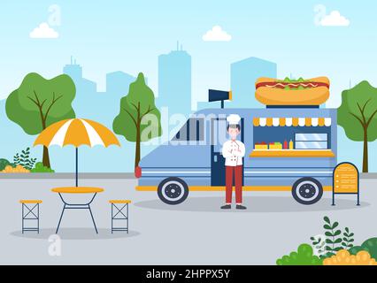 Street and Food Truck im Freien, der Fast Food wie Pizza, Burger, Hot Dog oder Tacos in flacher Cartoon-Hintergrunddarstellung serviert Stock Vektor