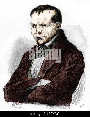 Portrait du Conspirateur francais Giuseppe Fieschi ou Joseph Fieschi (1790-1836) (Portrait von Giuseppe Fieschi Korsika und dem Hauptverschwörer bei einem Attentat auf König Louis-Philippe von Frankreich am 28. Juli 1835) Gravure tyree de 'causes camebres de tous les peuples' de Fouquier 1858 Collection privee Stockfoto