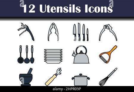 Utensilien-Symbolsatz. Editierbare Fett Formatigte Kontur Mit Farbfüllungsdesign. Vektorgrafik. Stock Vektor