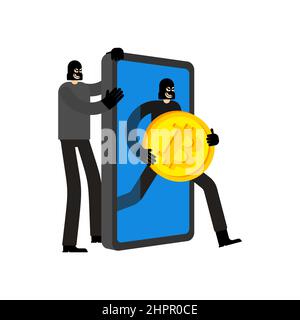 Dieb hat Bitcoin gestohlen. Criminal Stola Kryptowährung. Cybercrime Vektor Illustration Stock Vektor