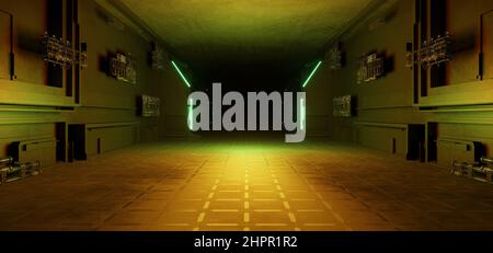 Leere Cyberspace Hintergrund Innenraum Metall Mesh Korridor innovative Wald Grün Farben Hintergrund 3D Illustration Stockfoto
