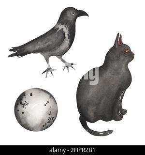 Halloween Cliparts, Aquarell Spooky Illustration Set, Crow Clip Art, Black Cat and Moon, Kids Fall Scary Party Stockfoto