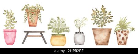 Boho-Innenanlage Clipart. Aquarell moderne Wohnkultur Illustration. Haus Pflanze Grün florale Elemente. planner Kunst, Scrapbooking Stockfoto